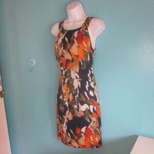 212 Collection Womens Dress Size 6 Orange and Navy Floral Rear Zip 34 -28 -38